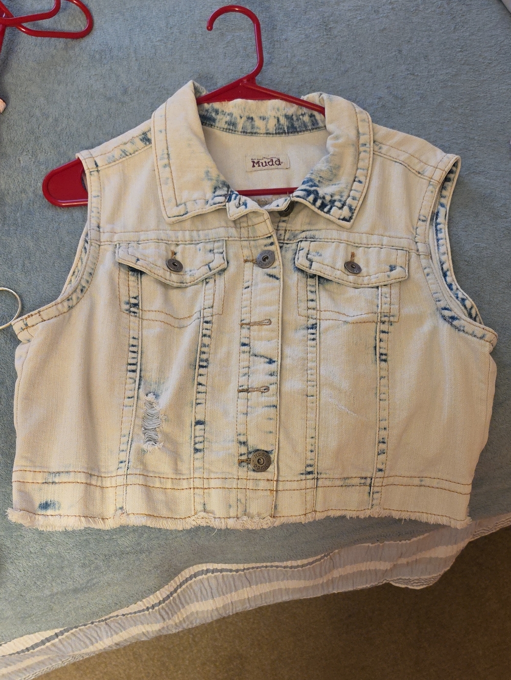 Mudd Cream and Blue Acid-Wash Denim Vest